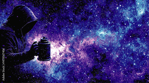 Mysterious Hooded Figure Holding Lantern in Vibrant Cosmic Galaxy Space Fantasy Illustration with Stars Nebulas and Universe in Magical Purple and Blue Colors