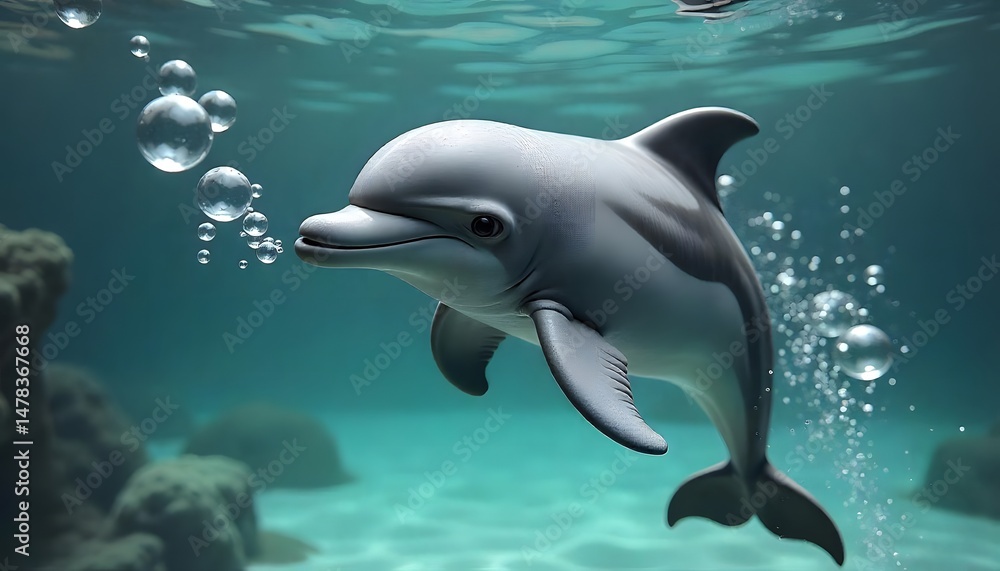 Fototapeta premium Playful Dolphin Exhaling Bubbles Underwater
