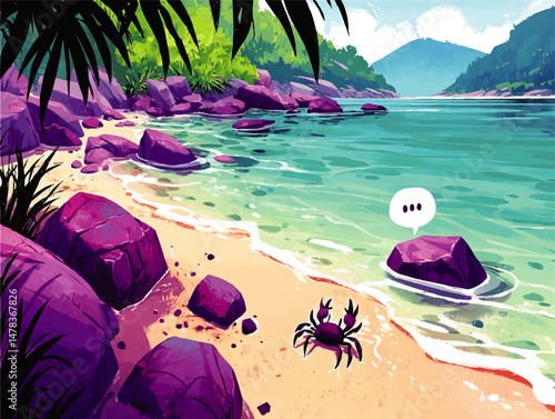 Stunning Tropical Beach Vector Illustration with Purple Crab Rocky Shoreline Clear Ocean Water Palm Trees Speech Bubble Vibrant Colors and Mountain Landscape Background