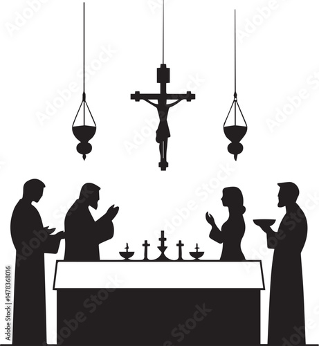 Silhouette of Religious Ceremony at Altar with Crucifix Worship and Faith Illustration