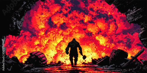 Dramatic Vector Illustration of Epic Warrior Silhouette Holding Axe Walking Away from Fiery Explosion in Fiery Battlefield Scene Fantasy War Hero Concept Art Background