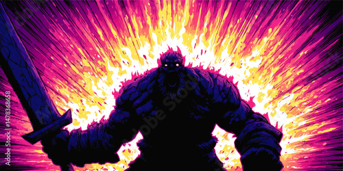 Fierce Fantasy Warrior Monster with Glowing Eyes Holding Sword Vector Illustration on Explosive Fiery Background for Gaming Comics Action Adventure Concept Art