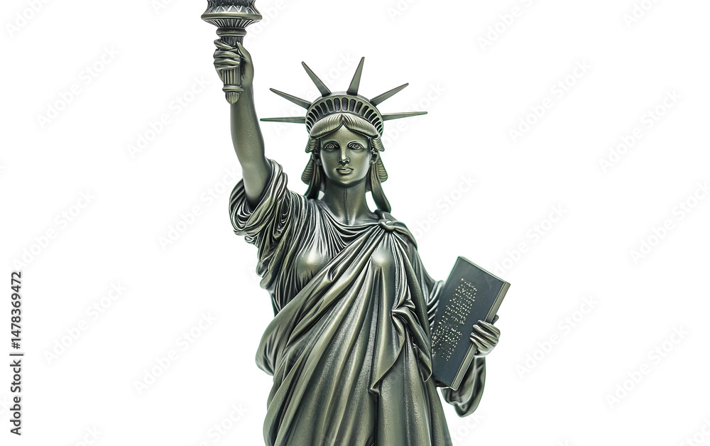 Fototapeta premium Lady Liberty figurine elegantly holding a mini torch and book, representing freedom and knowledge isolated on white background PNG