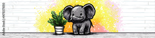 Adorable Hand Drawn Baby Elephant with Green Houseplant Vector Illustration on Vibrant Yellow and Pink Background for Nursery Decor and Children's Room Wall Art Design