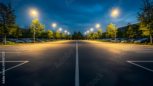 Illuminated parking area with geometric patterns under twilight sky background