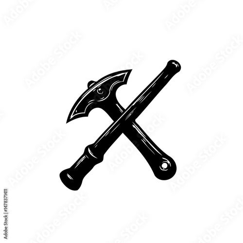 Monochromatic emblem featuring two crossed axes representing tradition or lumbering