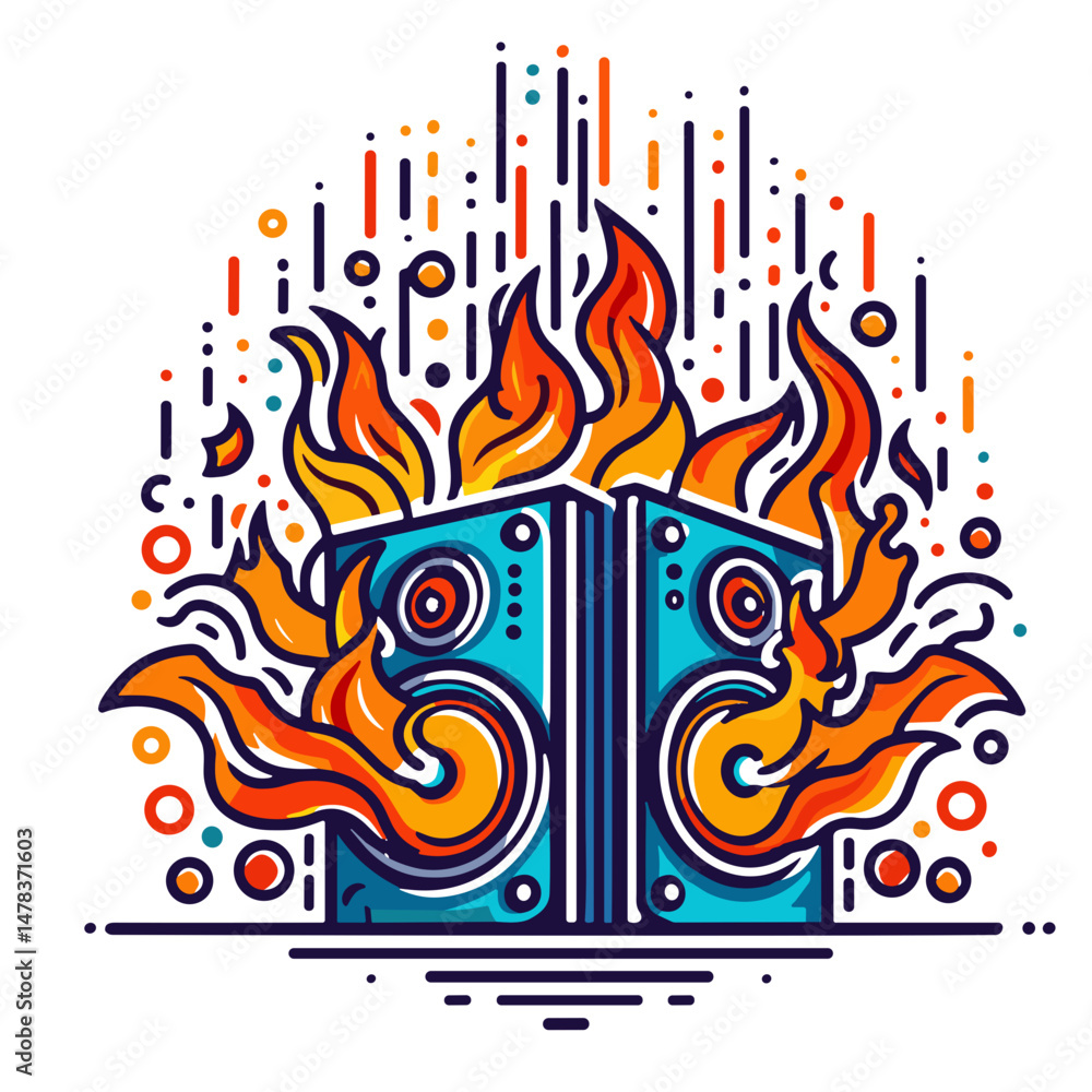 Fototapeta premium Colorful graphic of loudspeakers with flames and sound waves 