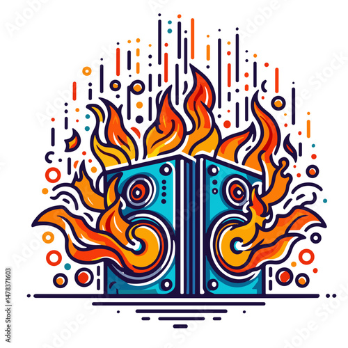 Colorful graphic of loudspeakers with flames and sound waves   