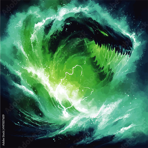 Stunning Vector Illustration of Powerful Green Sea Monster Emerging from Violent Ocean Waves with Glowing Eyes Sharp Teeth and Electrifying Storm Effects Fantasy Art