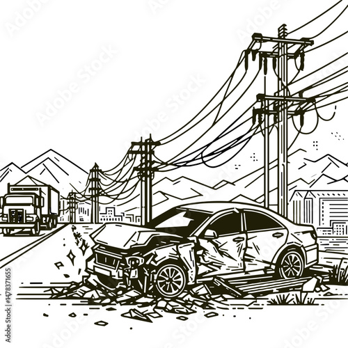 Crashed car on roadside with mountains and power lines in background  