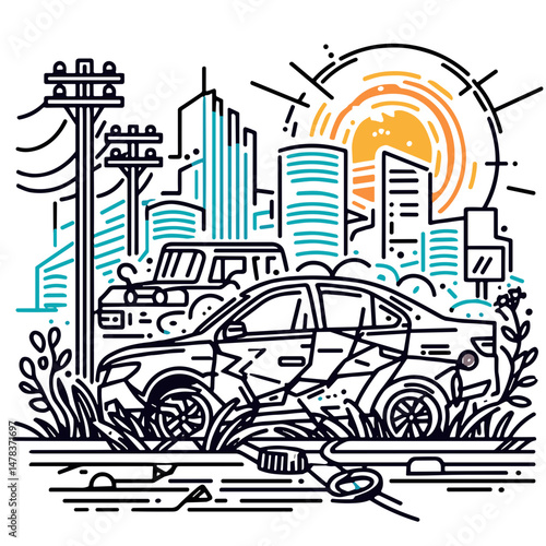 Urban landscape with a broken car and city skyline under the sun  