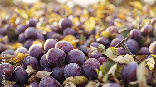 A large plum orchard in autumn has golden leaves and ripe plums ready for picking.