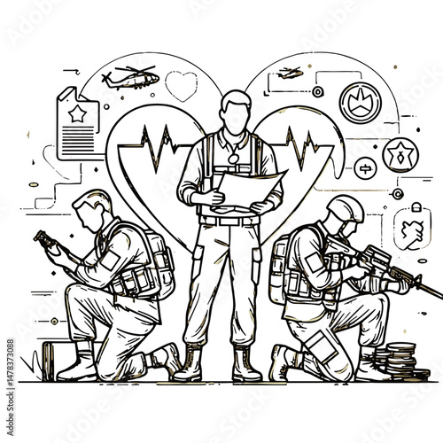 Three military personnel in uniform engaged in healthcare tasks