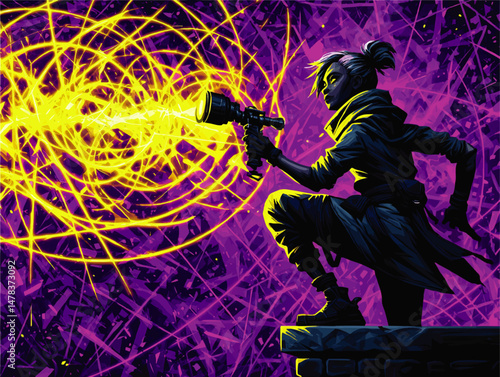 Dynamic Vector Illustration of Futuristic Female Warrior Using High Tech Energy Weapon with Impressive Yellow Energy Blast on Vibrant Purple Abstract Background