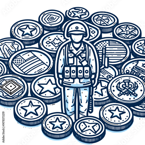 Soldier standing among various military coins and medals  