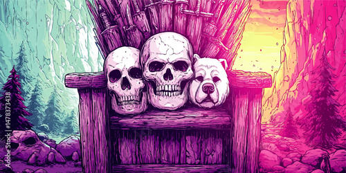 Dramatic Fantasy Art Illustration Featuring Skulls Dog Throne and Mystical Mountains With Epic Sunrise Purple Color Gradient in Vector Comic Book Art Style Design