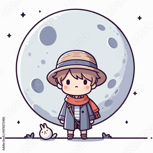 cartoon vector illustration of little boy standing on moon background