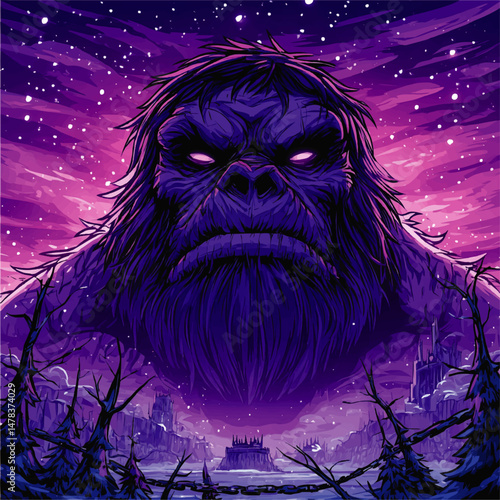 Mystical Giant Purple Yeti Monster Vector Illustration in Fantasy Winter Landscape with Snowy Mountains Starry Sky and Dark Epic Castle Background for Gaming Wallpaper