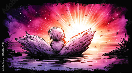 Stunning Vector Illustration of Angelic Figure with Majestic Wings Viewing Glorious Sunrise or Sunset Amid Cosmic Sky Reflective Water Fantasy Conceptual Artwork