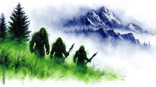 Mystical Illustration of Three Yeti Creatures in Misty Mountain Forest Landscape Fantasy Scene Featuring Cryptids Folklore Legends and Wilderness Adventure Imagery