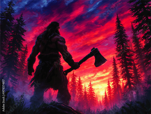 Powerful Barbarian Warrior Silhouette Holding Axe in Majestic Forest at Sunset Dramatic Fantasy Vector Illustration in Epic Scenic Colorful Wilderness Landscape