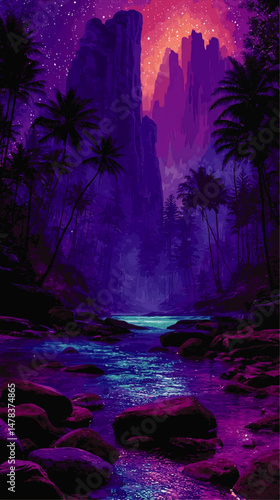 Mystical Vector Illustration of Tranquil Tropical Jungle River Under Vibrant Starry Sky with Majestic Mountains and Palm Trees in Purple Pink Blue Color Scheme