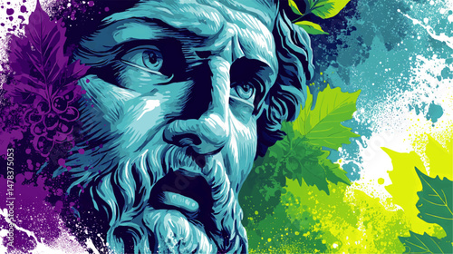 Vector Illustration of Ancient Greek Philosopher Statue with Colorful Abstract Background Artistic Graphic with Leaves and Grapes Blue Green Purple Colors Splash Art