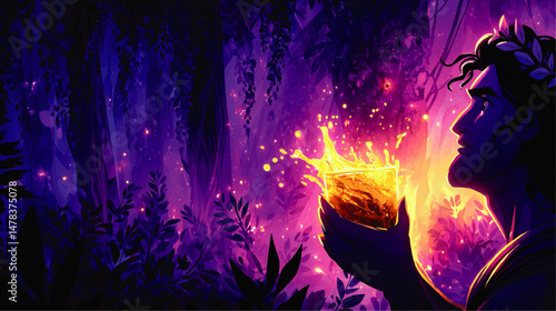 Magical Vector Illustration of Fantasy Man Holding Glowing Golden Liquid in Enchanting Mystical Purple Forest Background Ideal for Fantasy and Mythology Concepts