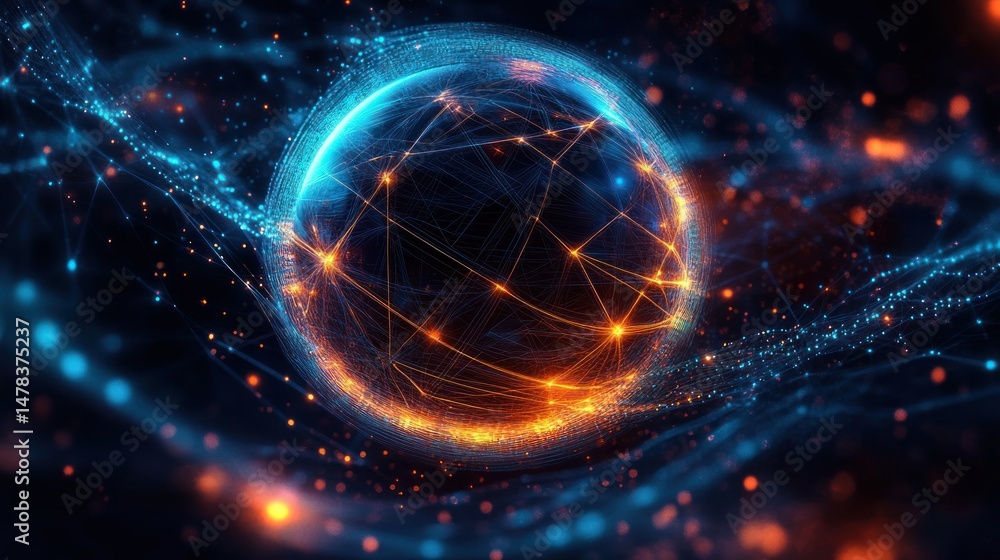 Fototapeta premium Glowing digital sphere surrounded by flowing blue and orange light streams with interconnected bright nodes, representing dynamic energy and technological connectivity
