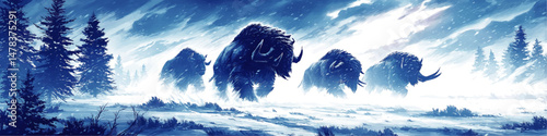 Majestic Vector Illustration of Ancient Woolly Mammoths Migrating Through Snowy Cold Blizzard Landscape Winter Scene with Forest Trees and Blue Dramatic Artistic Skies