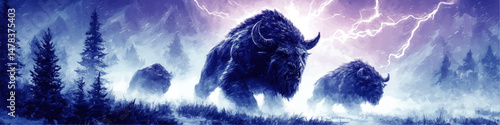 Epic Fantasy Vector Illustration of Majestic Mythical Bison Herd Charging Through Misty Mountain Storm with Lightning Strikes In Dramatic Magical Landscape Scene