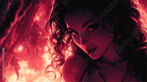 Stunning Vector Illustration of Beautiful Fantasy Woman with Curly Hair in Mystical Firelit Forest Background Detailed Pink and Purple Color Magical Atmosphere