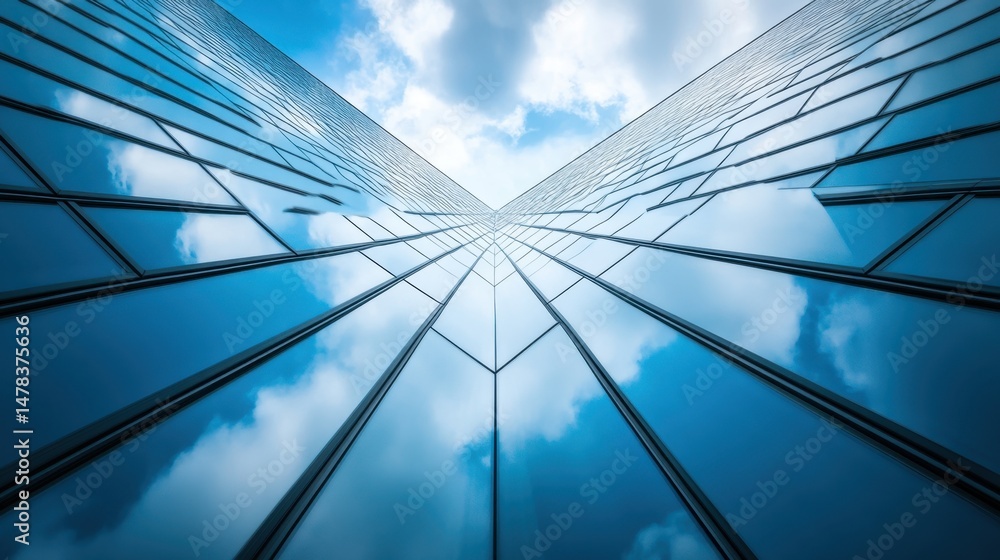 Modern skyscraper reflecting clouds and blue sky, showcasing innovative architecture Modern skyscraper reflecting clouds and blue sky, showcasing innovative architecture