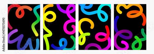 Abstract line shape, color gradient curvy object background. 3d graphic pattern arow element. Happy birthday confetti curly waves vector design. Thick fluid liquid paint change path. Long spiral swirl