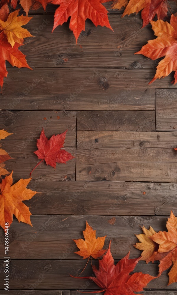 Obraz premium Vibrant red and orange maple leaves scattered on rustic wood , autumn, vibrant, foliage