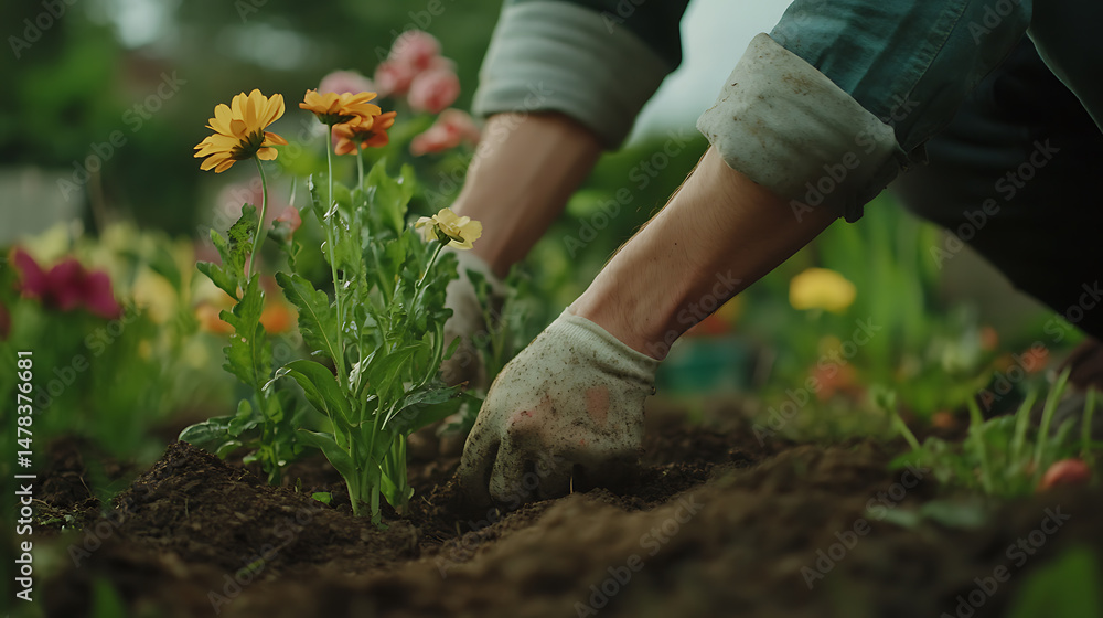 Naklejka premium Gardener Planting Flowers in a Garden