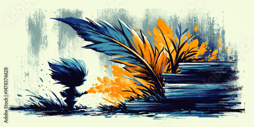Stunning Artistic Vector Illustration Featuring Fantasy Character and Vibrant Feathers with Blue and Orange Abstract Brushstroke Design Ideal for Creative Inspiration