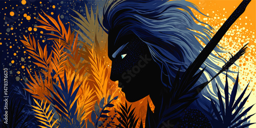 Exotic Vector Illustration of Tribal Warrior Silhouette with Dramatic Blue and Orange Tropical Jungle Background Featuring Abstract Nature and Fantasy Elements
