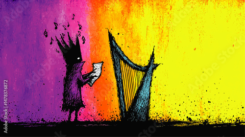 Artistic Vibrant Vector Illustration Featuring Abstract Singing King Figure with Sheet Music Singing Alongside Blue Harp on Colorful Purple Pink Yellow Background