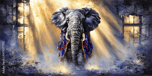 Majestic African elephant with ornate blue royal robe stands in surreal mysterious sunlight through ruins magical enchanting fantasy art vector illustration