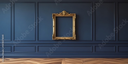 Elegant empty golden baroque picture frame mounted on a dark navy blue paneled wall, combining luxury interior design with classic vintage art aesthetics and rich decorative style
