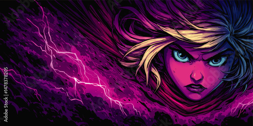 Powerful Digital Illustration of Fierce Warrior Woman with Blonde Hair and Blue Eyes in Epic Fantasy Storm Scene with Lightning and Dramatic Glowing Pink Clouds