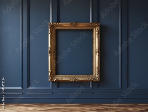 Elegant empty golden baroque picture frame mounted on a dark navy blue paneled wall, combining luxury interior design with classic vintage art aesthetics and rich decorative style
