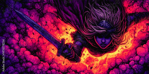 Fantasy Female Warrior Vector Illustration Flying with Sword in Magic Fiery Smoke Background Dramatic Violet Pink Battle Scene Digital Art Conceptual Design Graphic