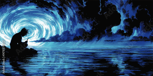 Mysterious Vector Illustration of Lonely Person Sitting Reflectively on Rock by Calm Night Sea with Glowing Blue Spiral Sky and Dramatic Stormy Clouds at Nighttime