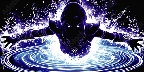 Captivating Fantasy Vector Illustration of Powerful Sorceress Emerging from Magical Water Portal with Glowing Mystic Energy in Dark Mysterious Supernatural Scene
