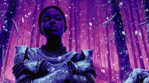 Fantasy Warrior Woman in Enchanted Purple Winter Forest Wearing Medieval Armor Standing Confidently with Snow Falling Mystical Powerful Magical Digital Vector Artwork