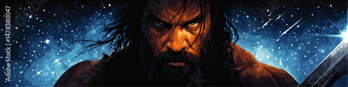 Intense Warrior Vector Illustration With Sword Under Starry Night Background Powerful Fierce Barbarian Fantasy Art Digital Painting Heroic Hero Game Character Design