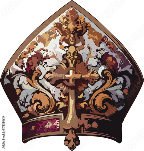Baroque Papal Mitre with Ornate Cross – Highly Detailed Gold Embroidered Catholic Bishop Hat on White Background
