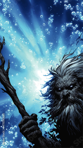 Mystical Fantasy Underwater Scene of Powerful Sea God with Glowing Eyes Holding Ancient Staff Surrounded by Magical Bubbles Vibrant Vector Art Illustration Design